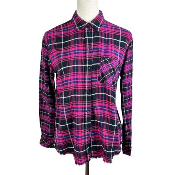 Rails Brock Fuschia Navy Black Plaid Flannel Frayed Long Sleeve Button Up Top - Picture 4 of 15